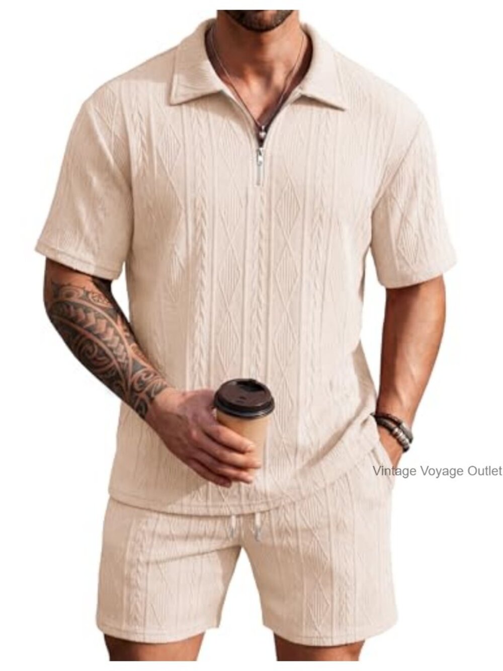 Men's 2 Piece Set Beach Vacation Outfit Quarter Zip Polo Shirt and Shorts